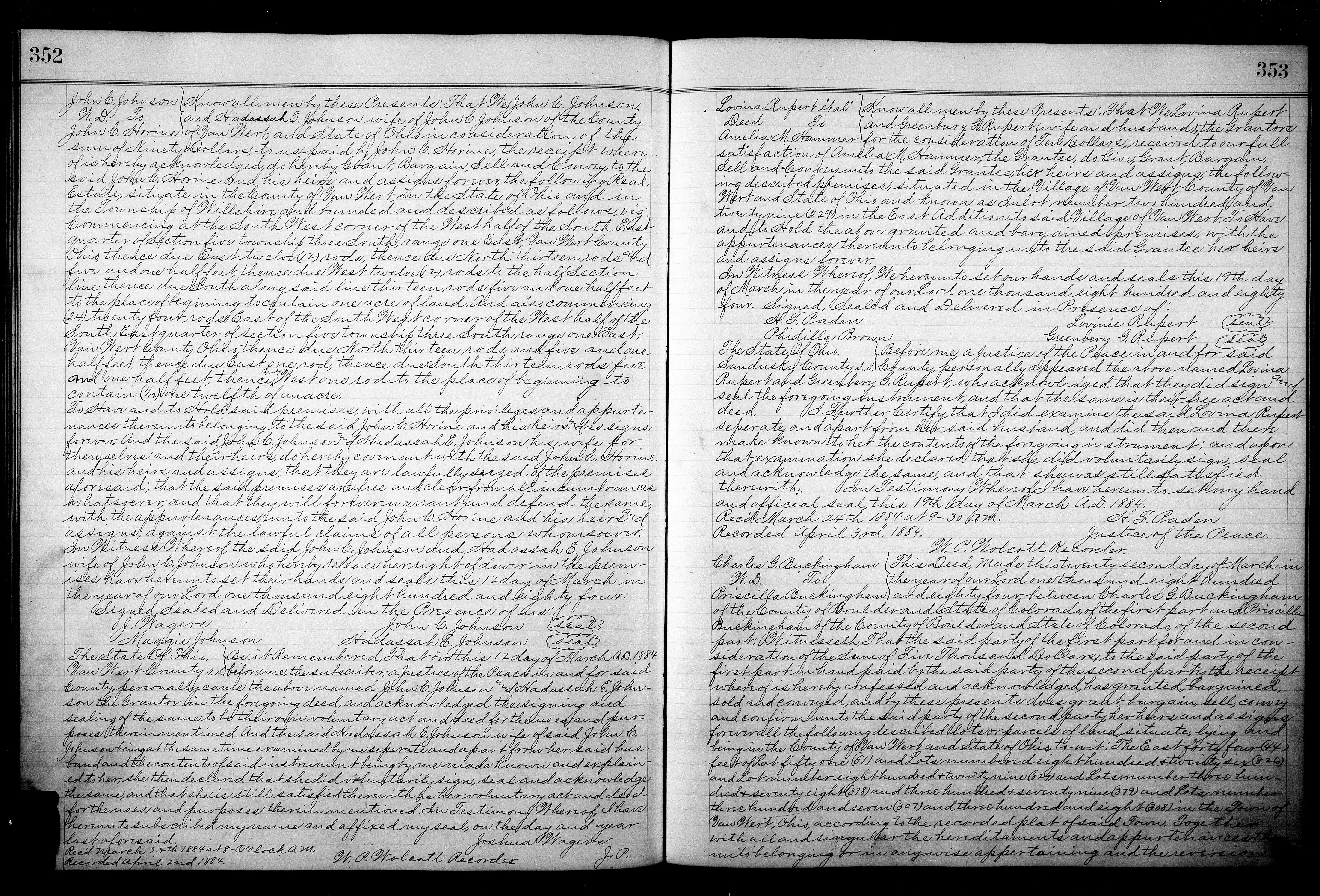 Greenberry G. Rupert & Lavina Hyre Rupert Sold Van Wert Inlot To Amelia M. Hammer, 03-19-1884